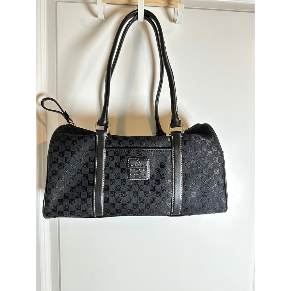 Liz Claiborne Black Monogram Barrel Baguette Shoulder‎ Bag Y2K Purse